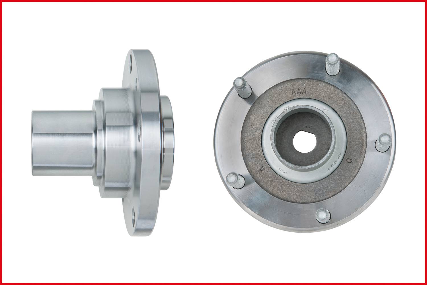 Zwei Ansichten eines silbernen Metallflansches mit runden Schraubenlöchern. Links Seitenansicht, rechts Draufsicht.
