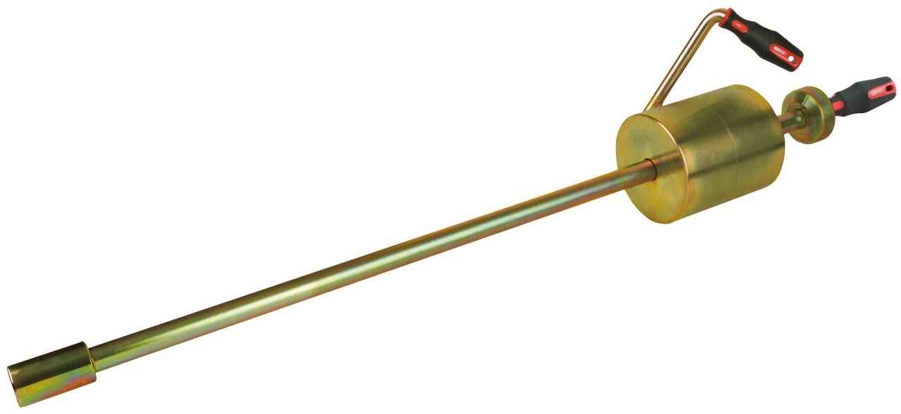 Ein goldfarbener Unkrautbrenner mit langem Griff und zwei schwarzen, rot markierten Handgriffen zum einfacheren Gebrauch.