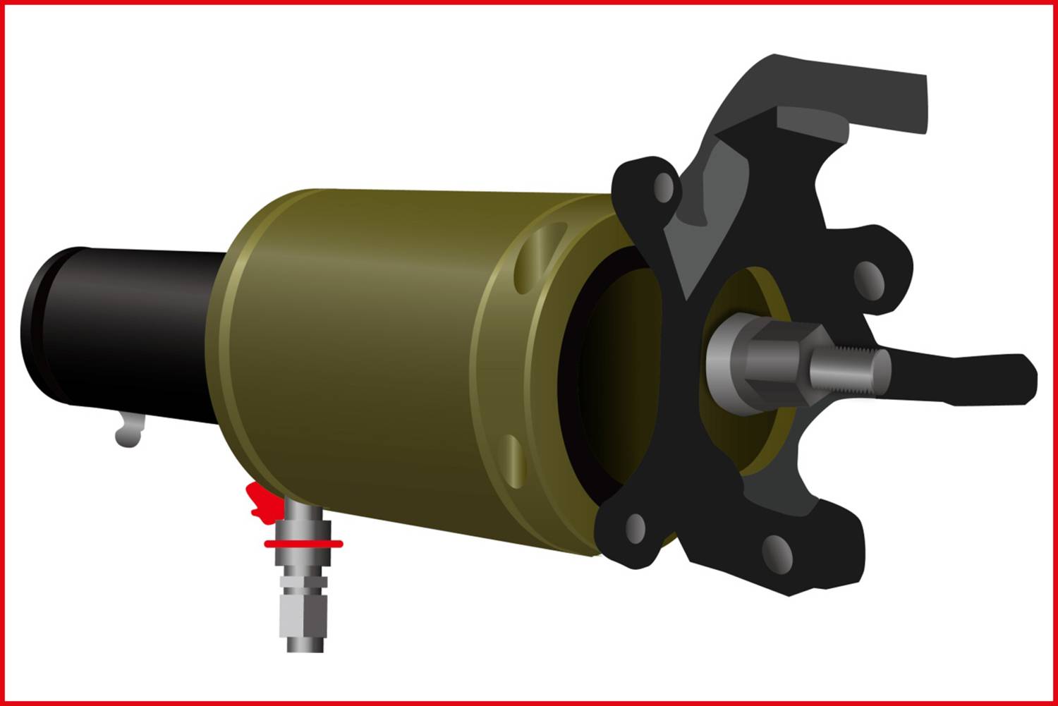 Ein grüner Hydraulikzylinder mit schwarzem Hebel an der Vorderseite und rotem Ventil an der Unterseite vor weißem Hintergrund.