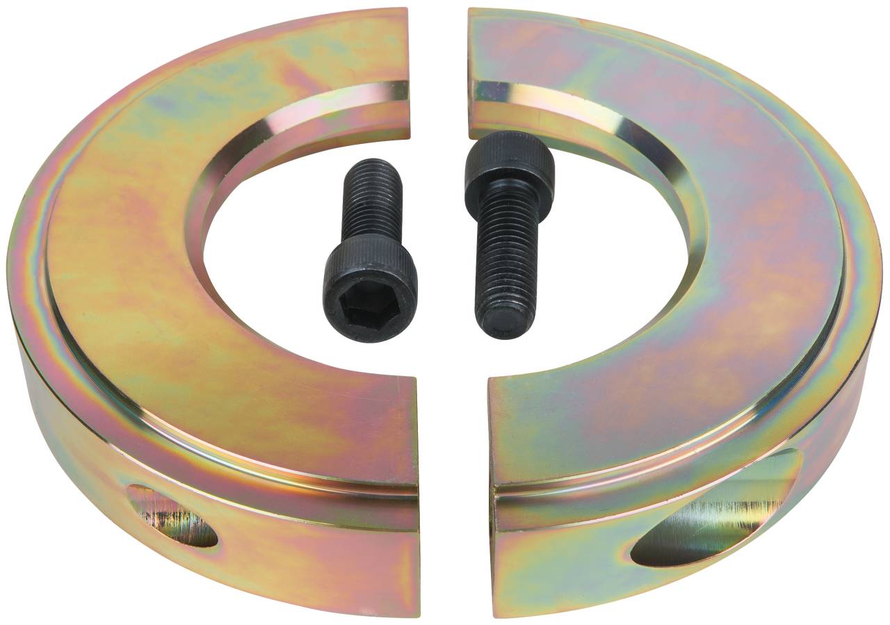 Zwei halbkreisförmige, metallic-farbene Teile mit zwei schwarzen Schrauben in der Mitte, auf weißem Hintergrund.