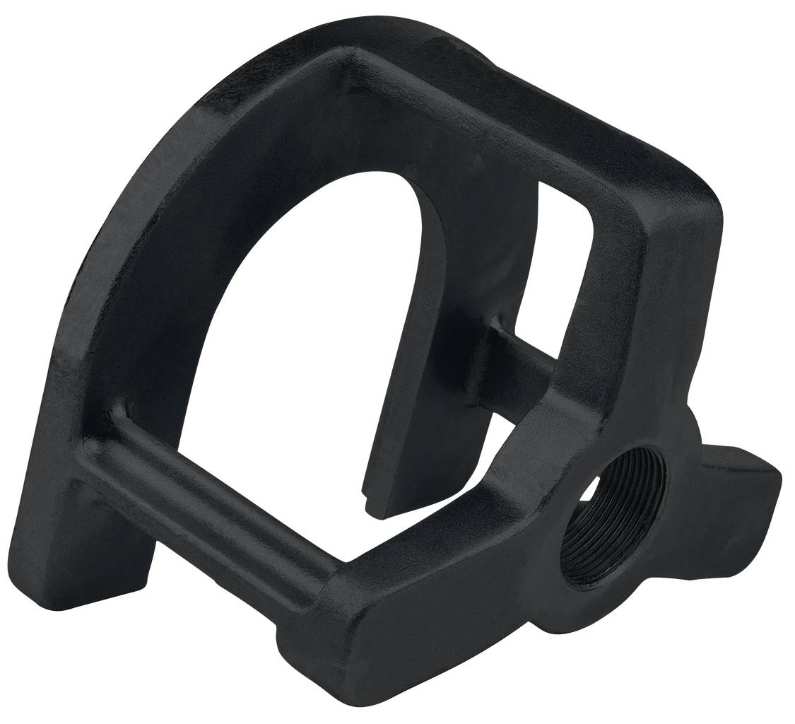 Schwarze, geometrische Metallklemme mit Öffnung und Gewinde; verwendet zur Befestigung oder Unterstützung mechanischer Teile.