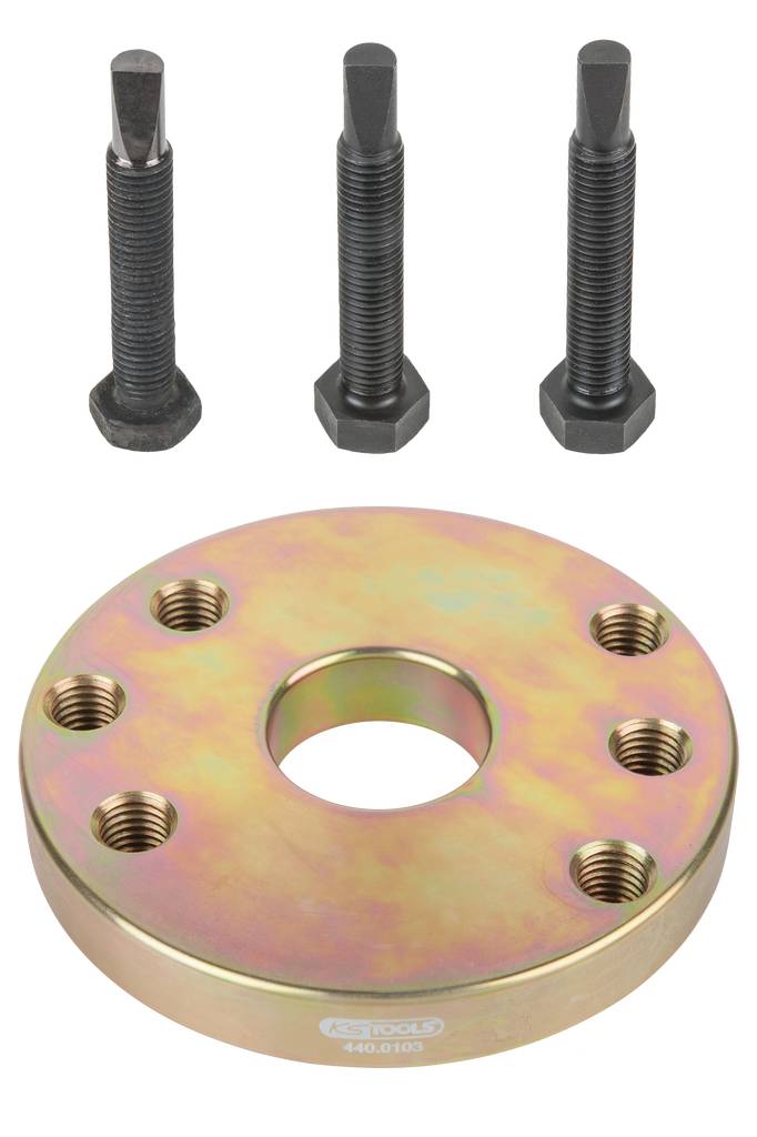 Eine runde Metallplatte mit mehreren Schraublöchern und drei schwarze Schrauben darüber. Geeignet für mechanische Befestigungen.