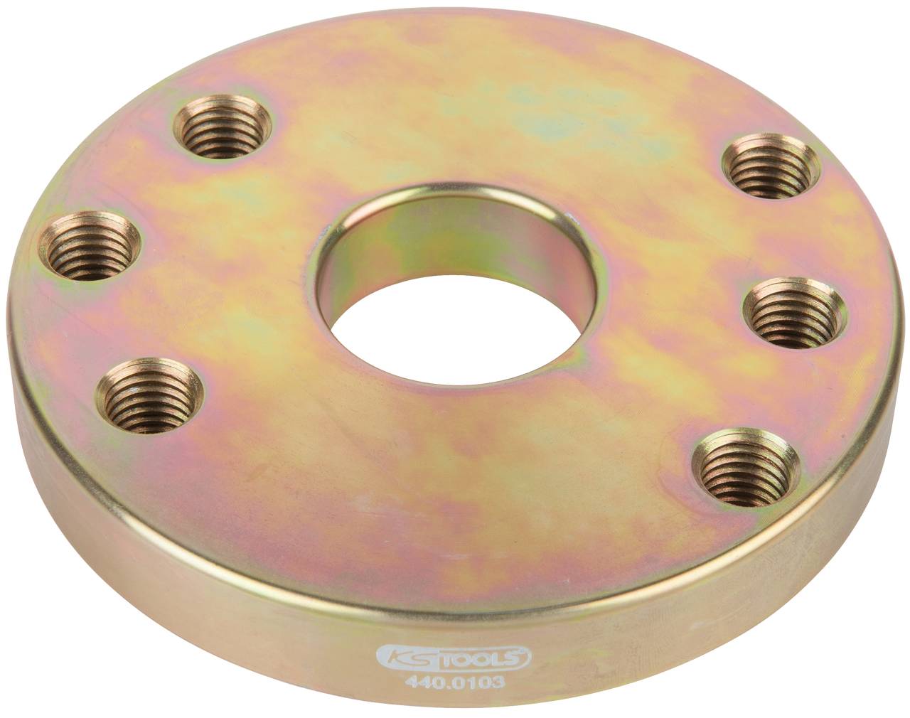 Metallscheibe mit sechs Gewindebohrungen um ein zentrales Loch. Glänzende Oberfläche, geeignet für mechanische oder industrielle Anwendungen.
