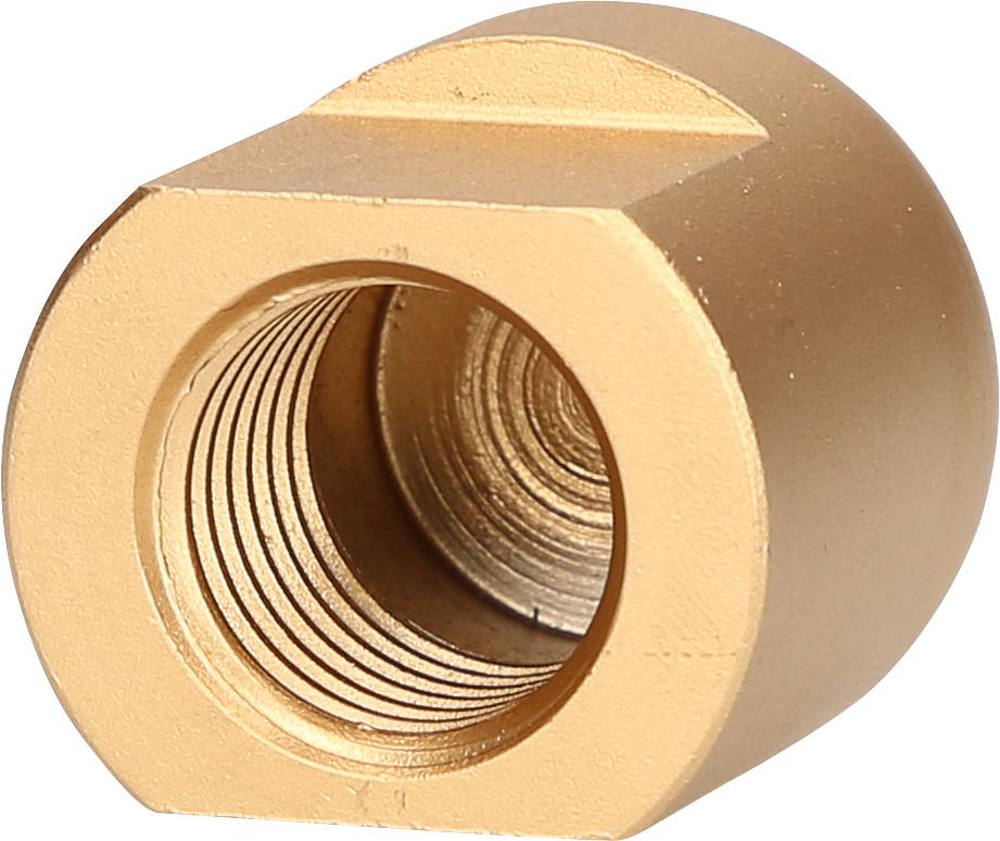 Eine goldene, zylindrische Metallhülse mit einem kreisförmigen Innengewinde, geeignet für Befestigungs- oder Verbindungselemente.
