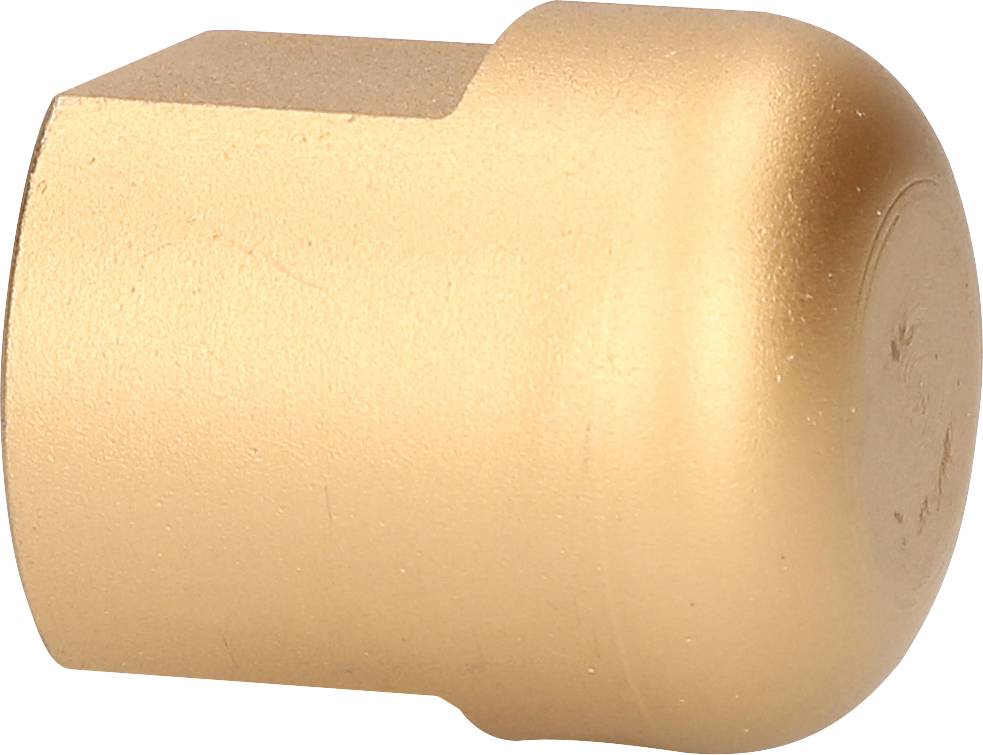 Goldener runder Endverschluss aus Metall mit glatter Oberfläche, wahrscheinlich für Rohre oder Schrauben verwendet.