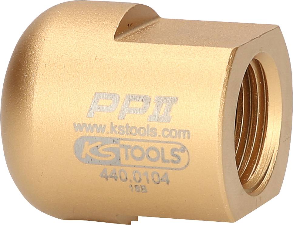 Goldene Metallkappe mit eingravierter Aufschrift 'PP II', 'KS TOOLS', und '440.0104'. Sie scheint ein Teil eines Werkzeugs zu sein.