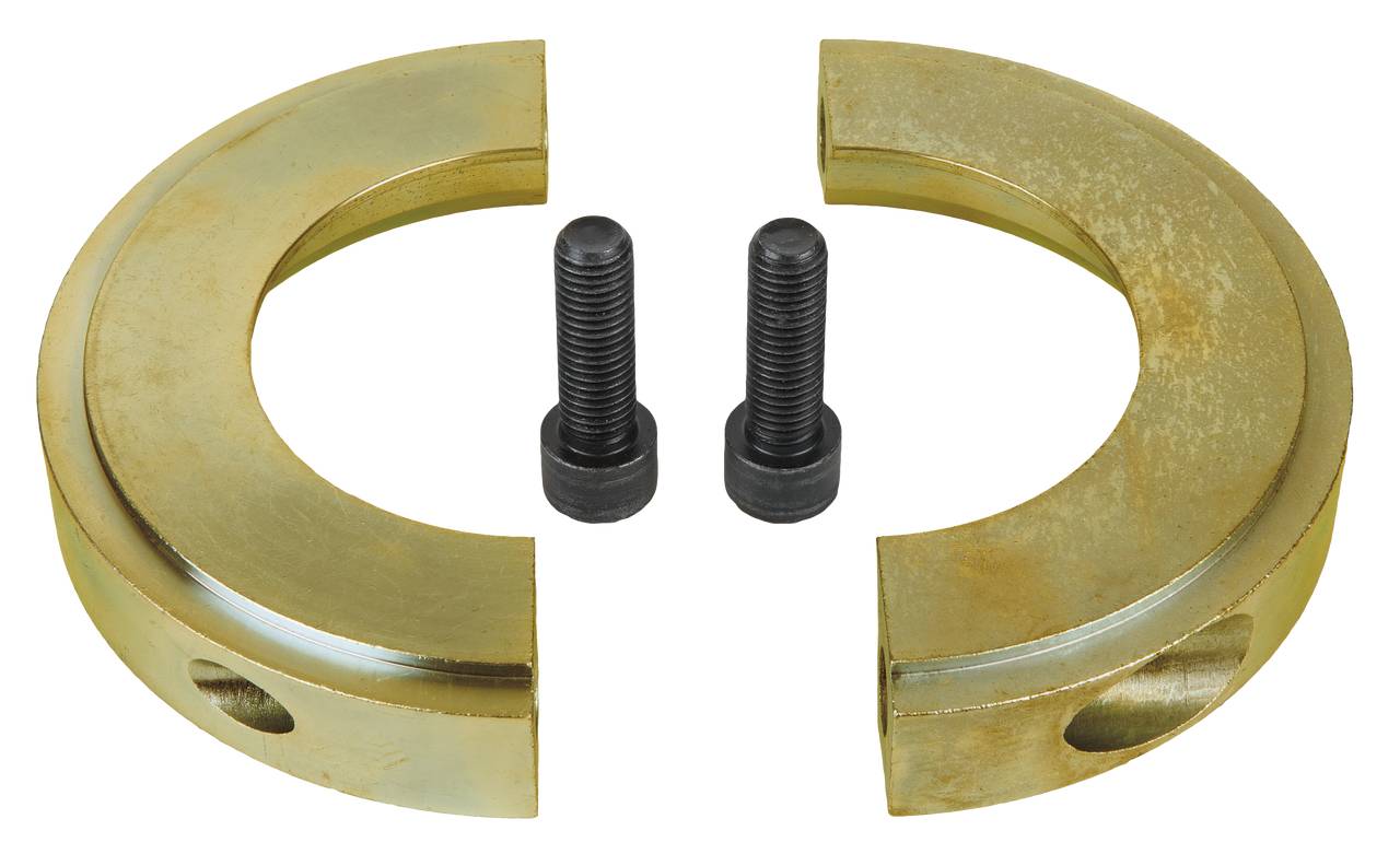 Zwei halbkreisförmige, metallene Schellen mit zwei passenden Schrauben in der Mitte. Geeignet zur Befestigung eines zylindrischen Teils.