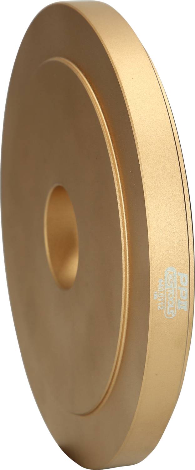 Goldene Schleifscheibe, seitlich betrachtet, mit zentraler Bohrung.