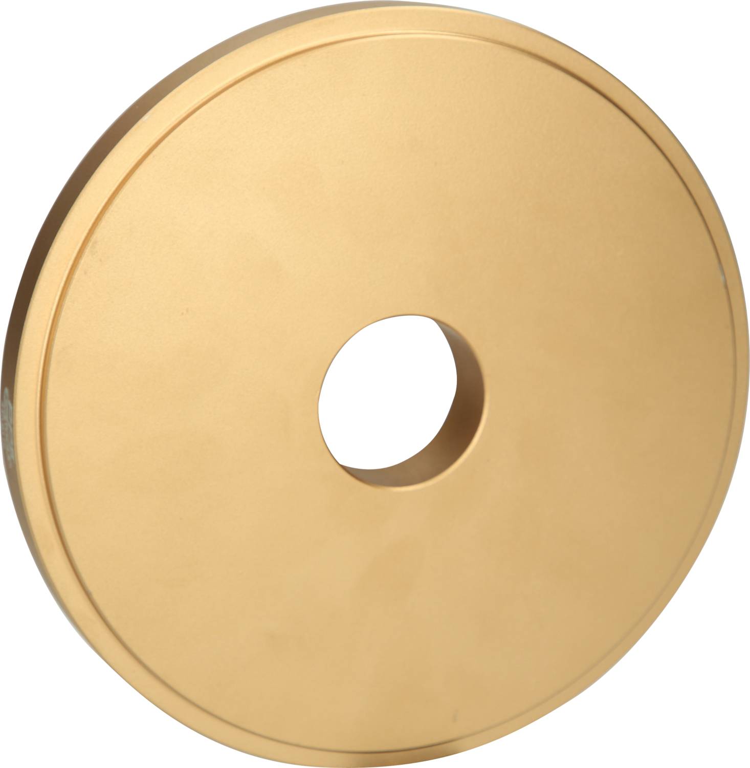Eine goldene Metallscheibe mit zentralem Loch, glatt und gleichmäßig rund. Hauptsächlich dekorativ ohne erkennbare Funktion.