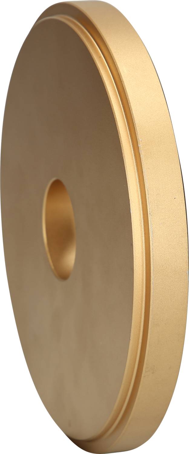 Goldene, runde Metallscheibe mit mittigem Loch. Sieht aus wie eine große Münze oder ein spezielles technisches Bauteil.