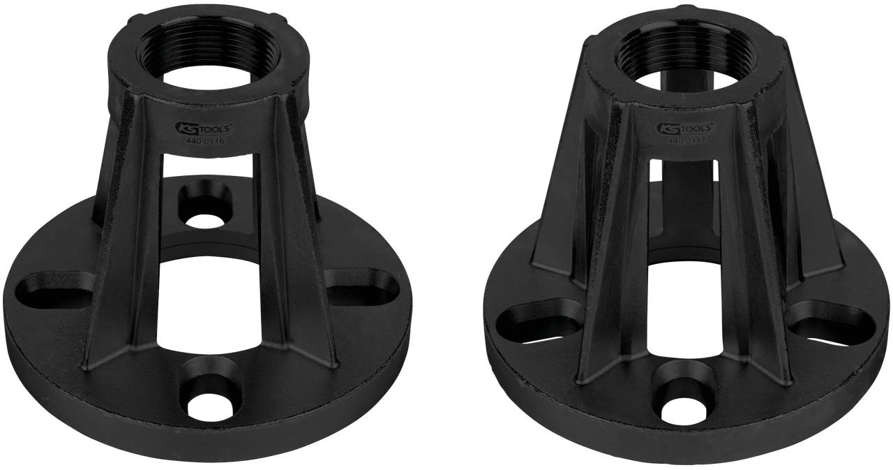 Zwei schwarze zylinderförmige Metallbauteile mit mehreren Löchern und Verstärkungselementen, geeignet für mechanische Verbindungen.