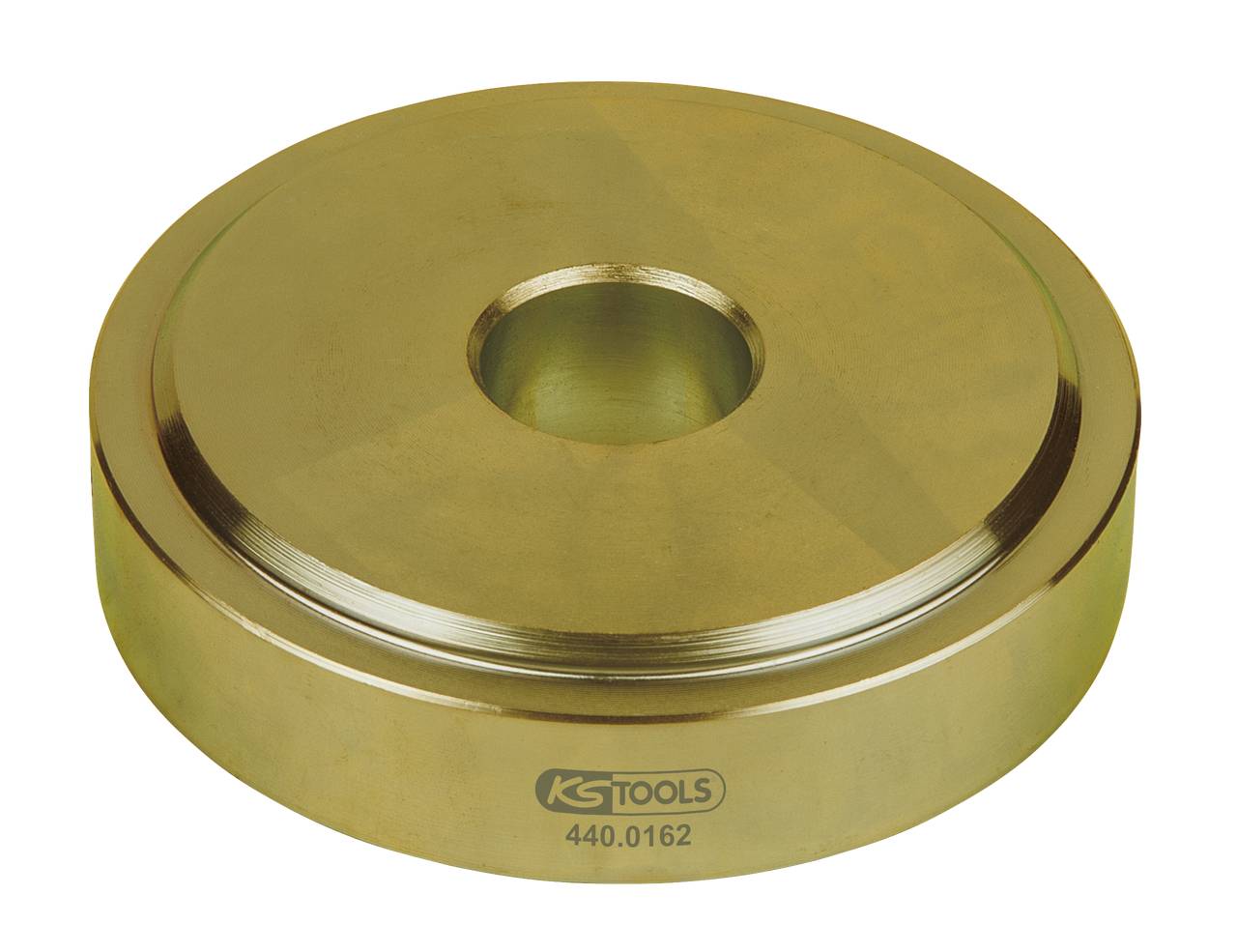 Rundes, goldenes Metallwerkzeug mit zentralem Loch und der Aufschrift 'KS TOOLS 440.0162'. Verwendet für mechanische Arbeiten.