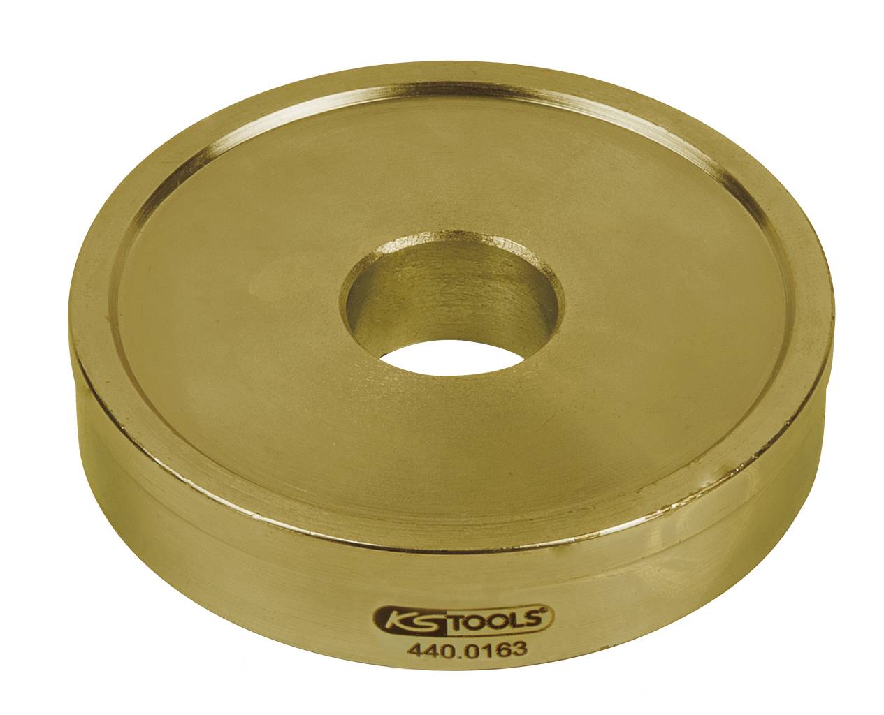 Eine goldene, runde Metallscheibe mit einem Loch in der Mitte. Auf der Vorderseite ist das Logo und die Nummer 'KG TOOLS 440.0163' zu sehen.