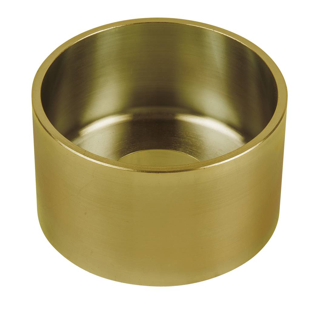 Eine goldene, zylindrische Metallhülse mit glatter Oberfläche.