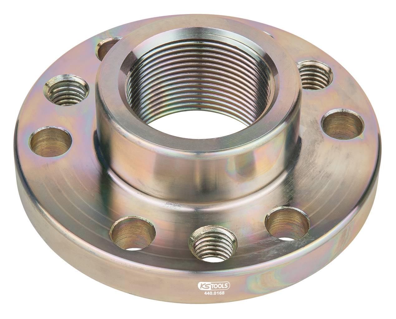 Metallflansch mit mehreren Schraubenlöchern und zentralem Gewinde.