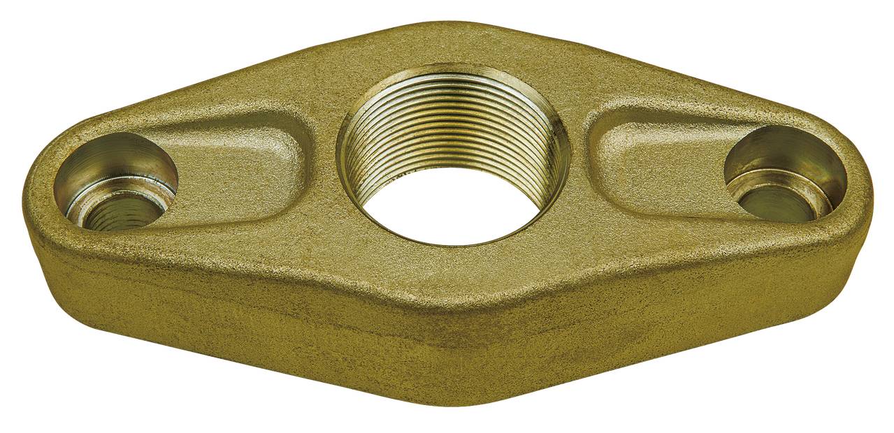 Ein bronzefarbenes, ovales Metallteil mit drei Gewindebohrungen.