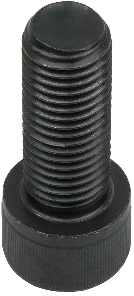 Eine schwarze Metall-Bolzenschraube, vertikal stehend, mit Gewinde und runder Basis.