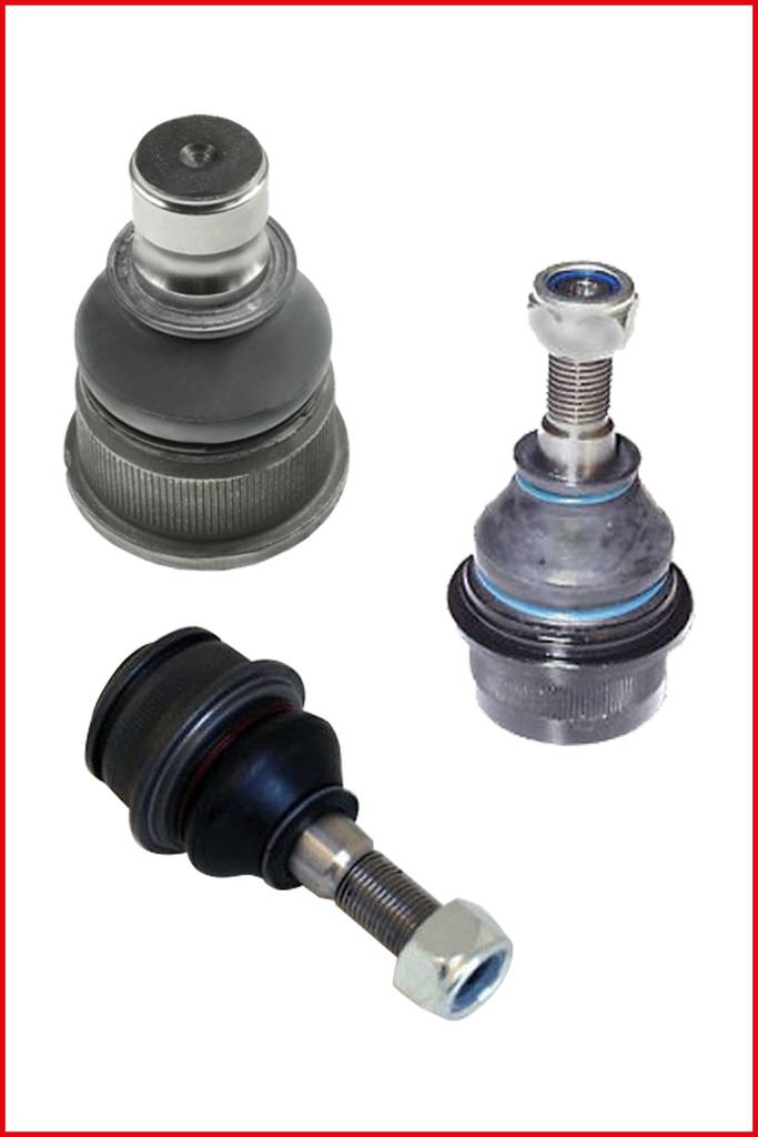 Drei Kugelgelenke unterschiedlicher Bauart sind nebeneinander angeordnet. Sie bestehen aus Metall und haben zylindrische Formen.