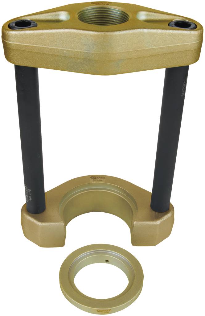 Abzieher für mechanische Anwendungen, bestehend aus zwei langen Bolzen, einem oberen Halter und einem unteren Öffnungsring.