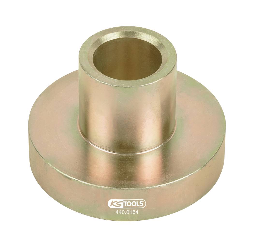 Das Bild zeigt ein zylinderförmiges Metallteil mit einer breiten Basis und einem kleineren, erhabenen Zylinder. Darauf steht 'KS Tools 440.0184'.