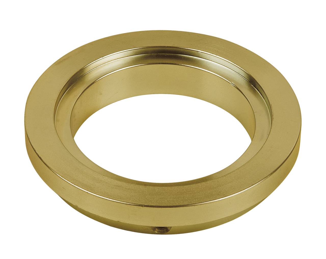 Ein goldfarbener Metallring vor weißem Hintergrund. Der Ring hat eine glatte, glänzende Oberfläche und gleichmäßige Form.