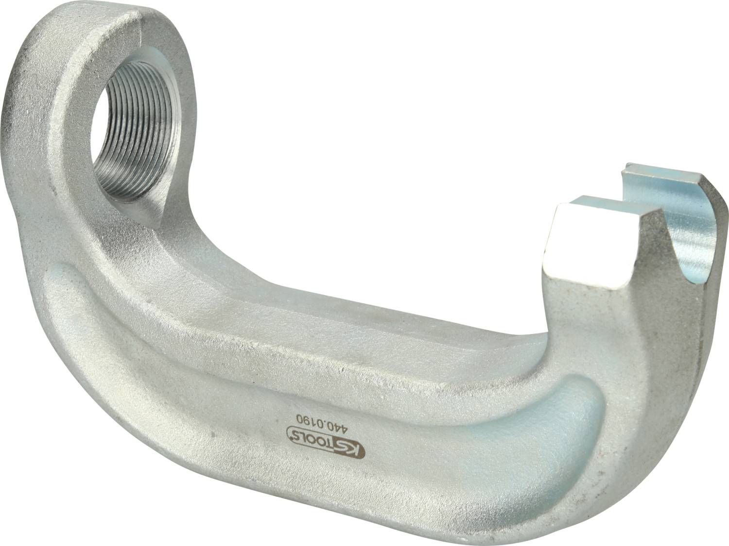 Ein silbernes, U-förmiges Metallteil mit einem Gewinde an einem Ende und einer offenen Aussparung am anderen.