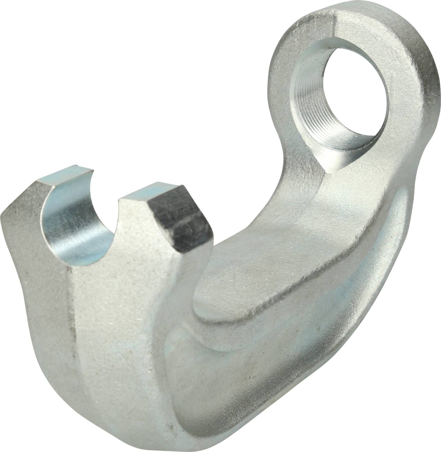 Metallteil mit U-förmiger Struktur und rundem Loch oben. Wird oft in mechanischen Anwendungen verwendet, um Komponenten zu befestigen oder zu verbinden.