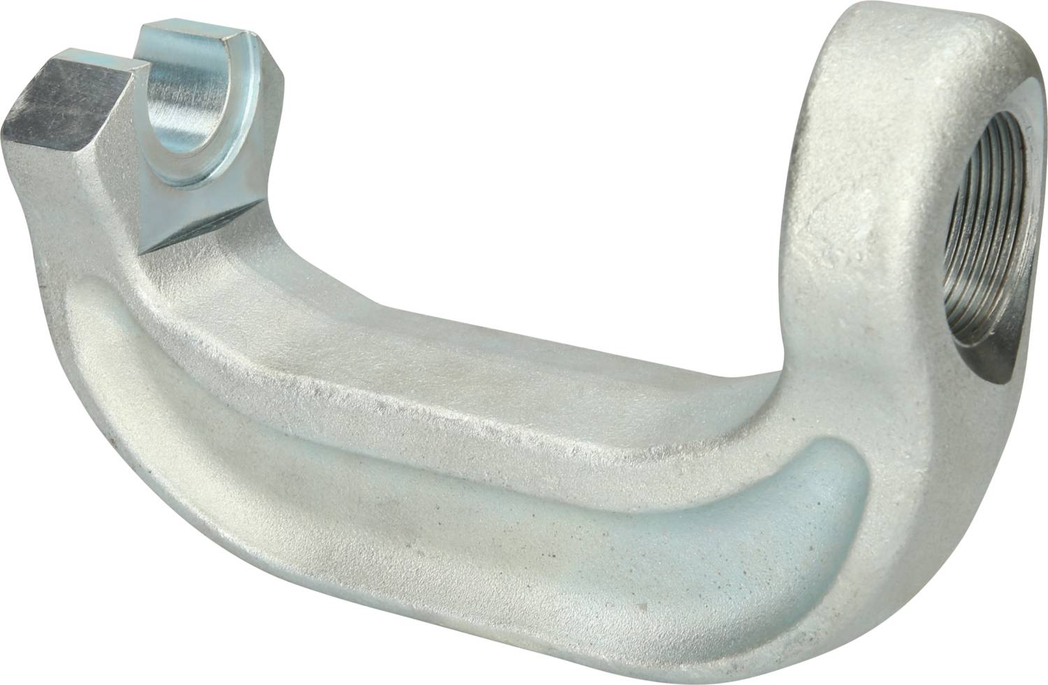 Ein metallisches Hakenstück mit einem abgerundeten, rechteckigen Körper und einer halbrunden Öffnung an einem Ende, vermutlich für mechanische Anwendungen.