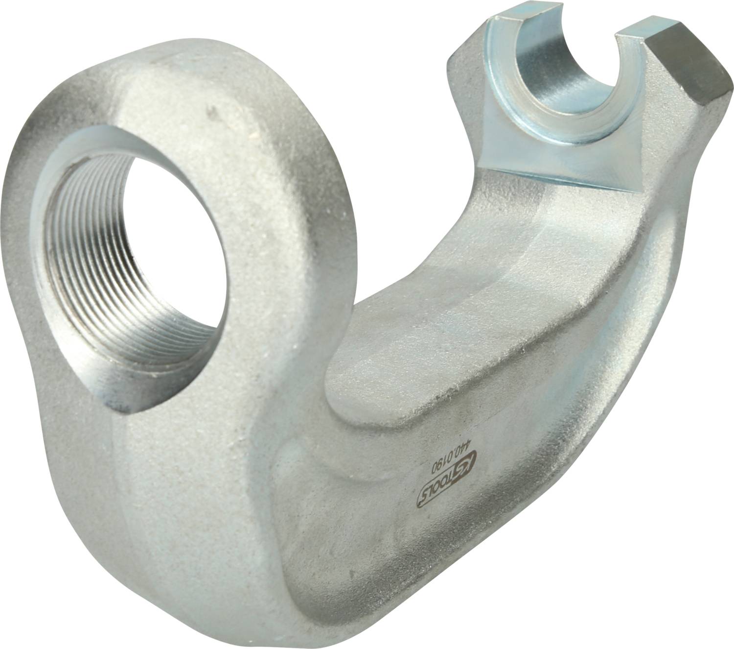 Metallischer Bauteil mit gebogener Form, Gewindebohrung an einem Ende. Verwendet für mechanische Befestigungen.