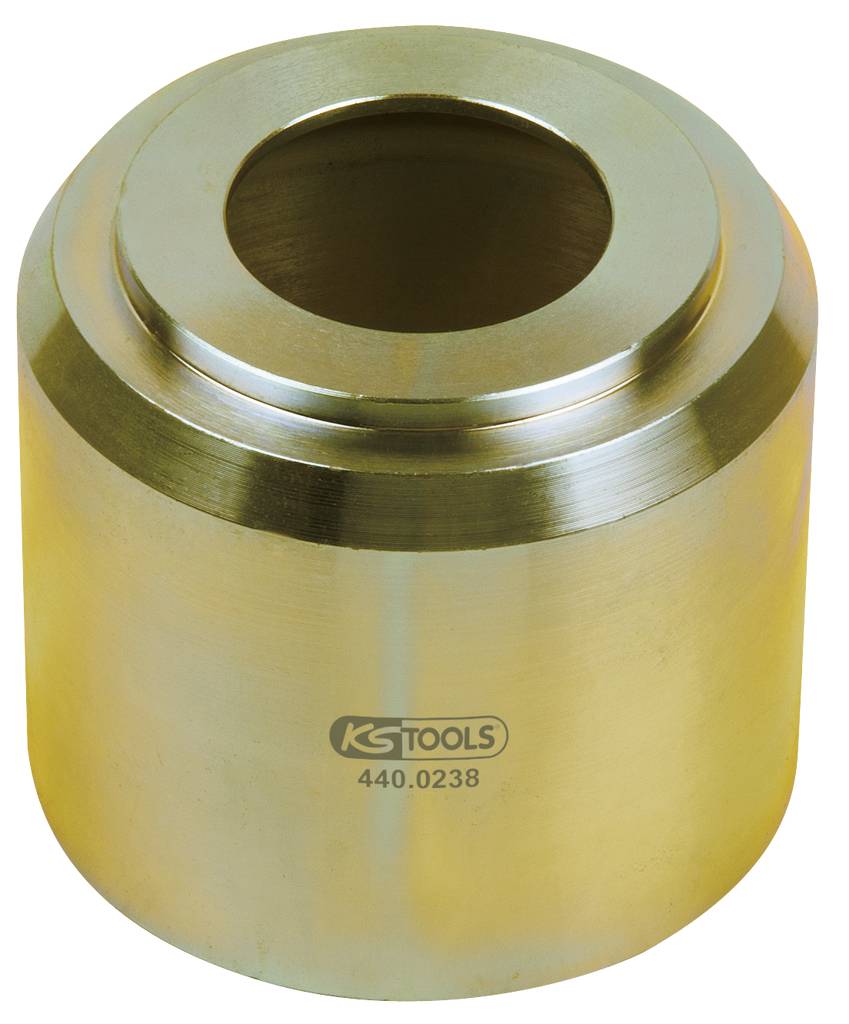 Ein goldfarbenes zylindrisches Werkzeug mit einem Loch in der Mitte, beschriftet mit 'KS Tools 440.0238'.