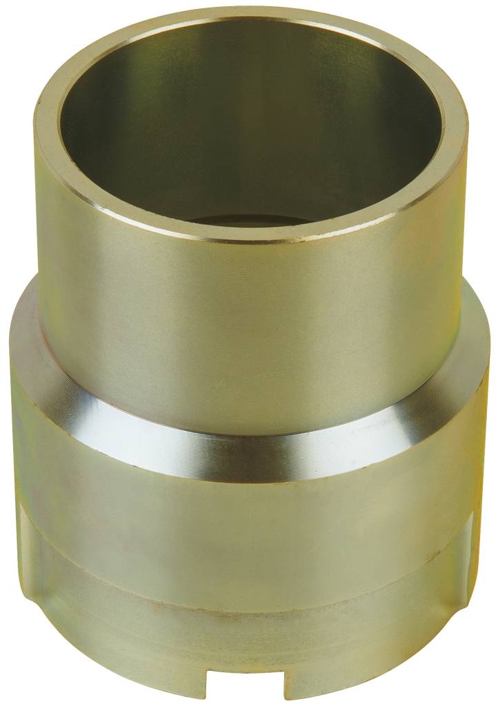 Ein zylindrisches Metallteil mit glatter Oberfläche, möglicherweise ein Verbindungsstück oder Adapter für Rohre oder Maschinen.