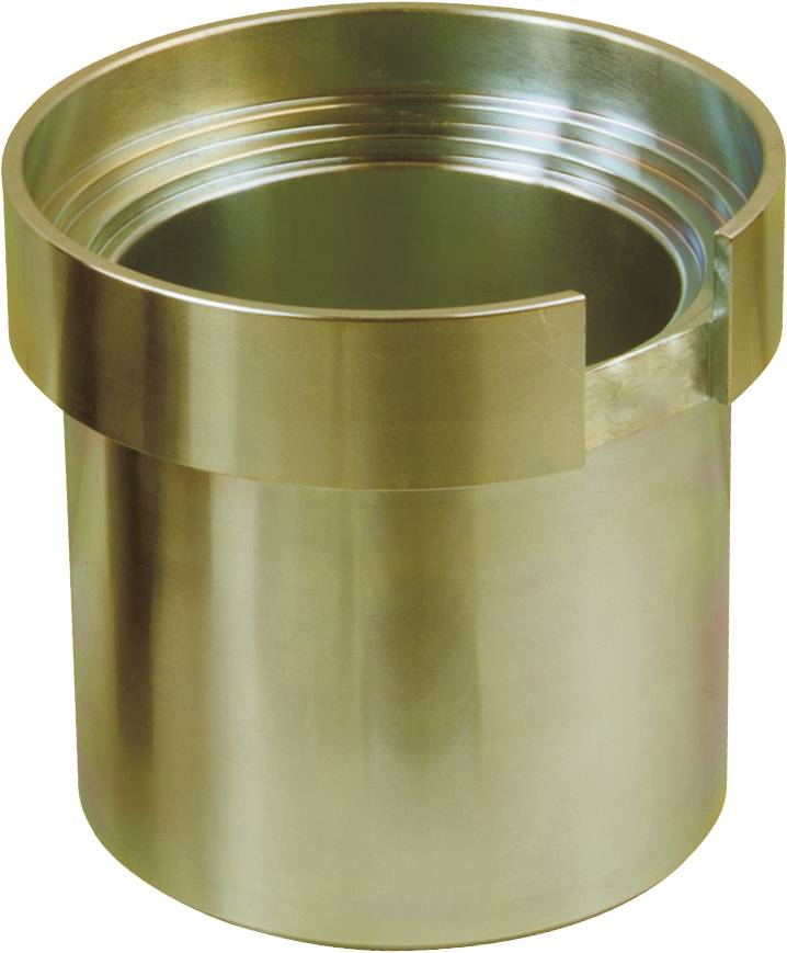 Metallzylinder mit abgerundeten Kanten und einer eingelassenen Vertiefung oben. Die Oberfläche ist glänzend und reflektierend.