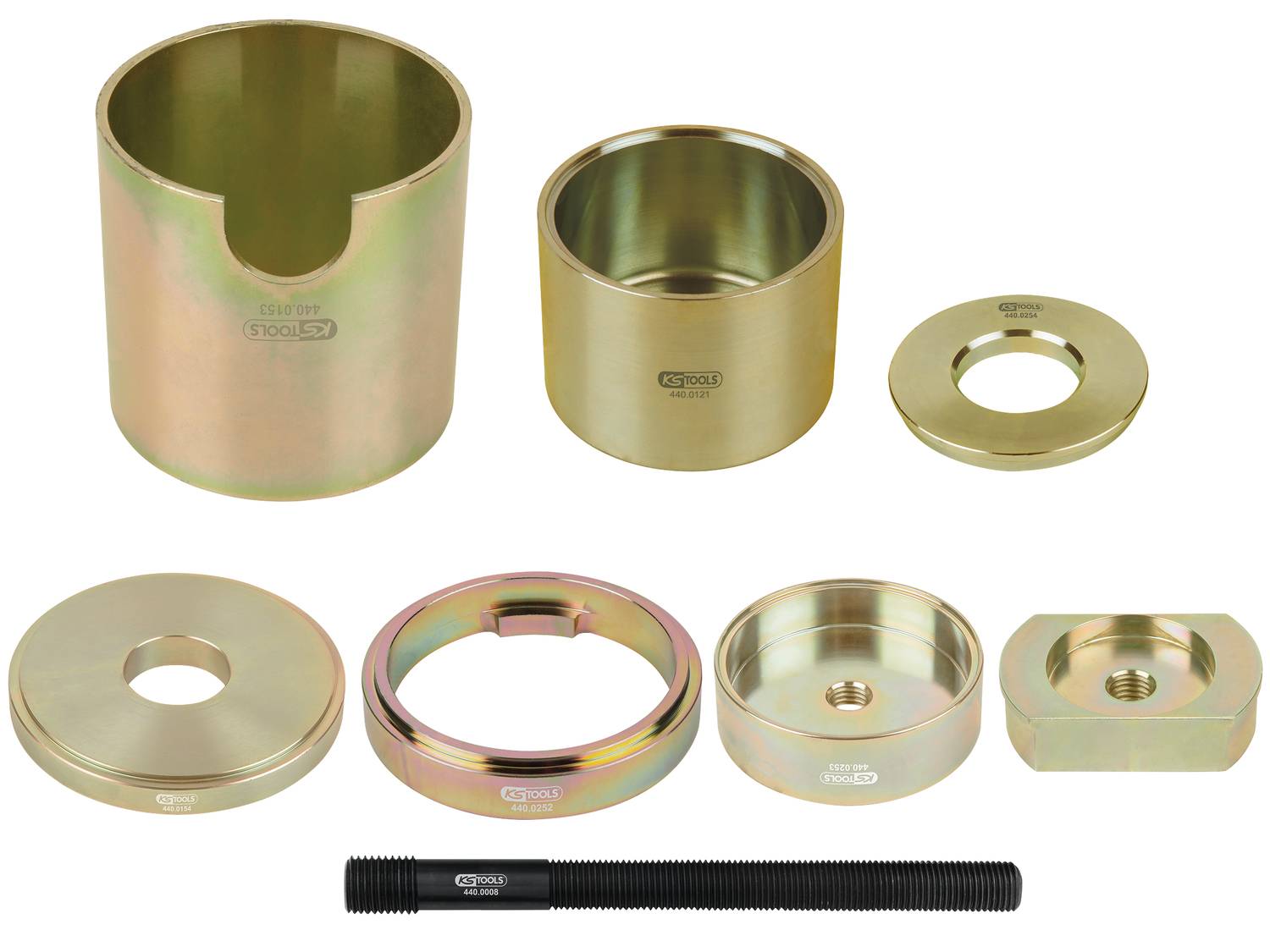 Ausbau- und Montagewerkzeug-Set für Radlager, bestehend aus verschiedenen goldfarbenen Metallteilen und einem Gewindebolzen.