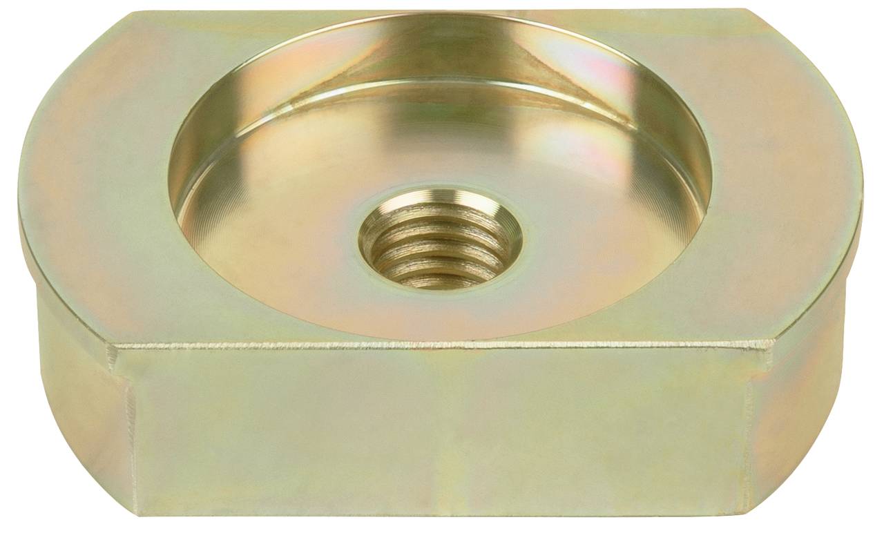 Metallisches, sechseckiges Formstück mit zentralem Gewinde und abgesenktem Rand, möglicherweise zur Befestigung von Schrauben.