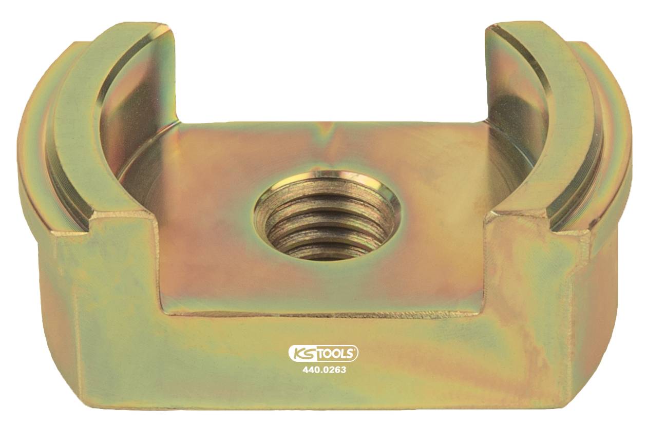 Ein metallener Lagerbock mit zentralem Gewindeloch und zwei halbkreisförmigen Aussparungen, geeignet für mechanische Anwendungen.