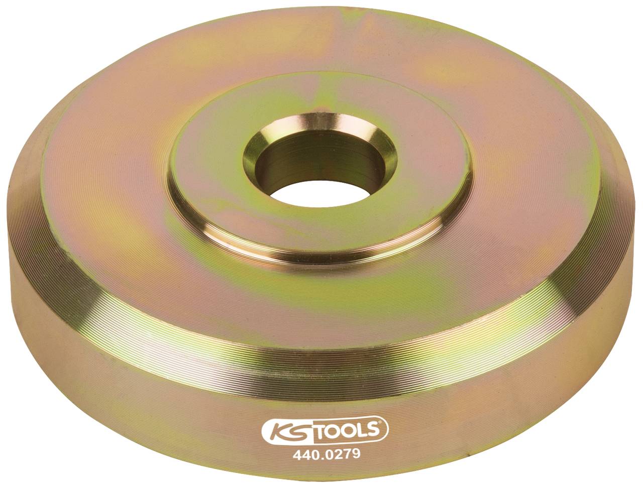 Metallring mit zentraler Öffnung, markiert mit 'KS TOOLS 440.0279'. Glatte Oberfläche, vermutlich Werkzeugteil zur Anwendung.