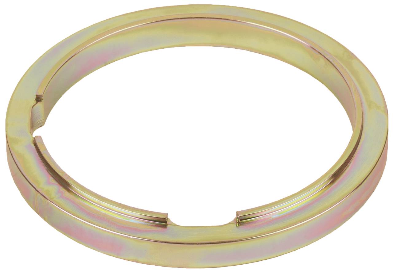 Ein metallischer, rund geformter Ring mit zwei gleichmäßigen Ausfräsungen am Innenrand. Farbe changiert zwischen Gold und Regenbogenfarben.