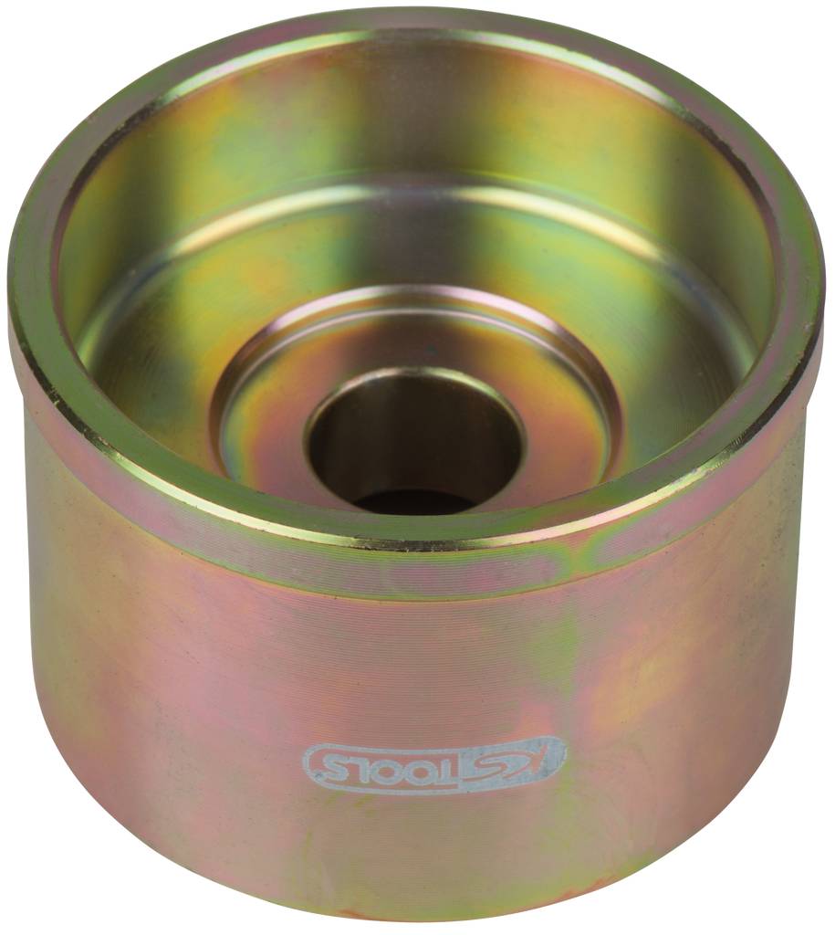 Metallische Buchse mit zylindrischer Form und einem zentralen, kreisförmigen Loch. Oberfläche hat eine schillernde, regenbogenartige Beschichtung.