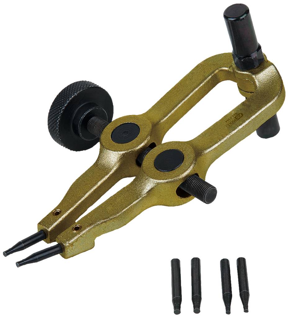 Vergoldetes Uhrenwerkzeug mit rotierendem Knopf und 4 austauschbaren Spitzen zur Bearbeitung von Uhrwerken und feinen Mechaniken.