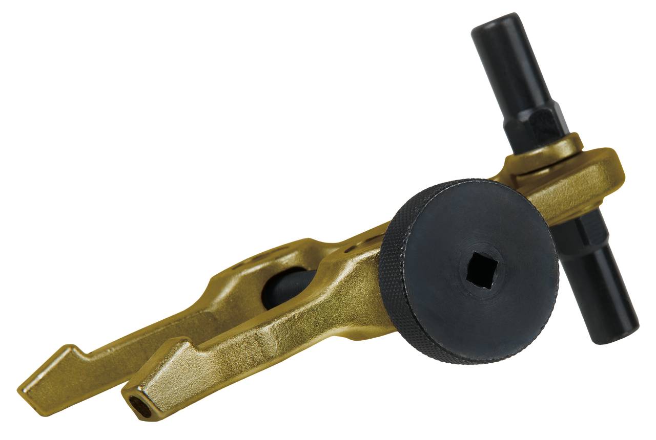 Ein goldfarbenes Werkzeug mit zwei Armen und schwarzem Drehknopf, vermutlich ein Fahrradeinstellungswerkzeug, auf weißem Hintergrund.