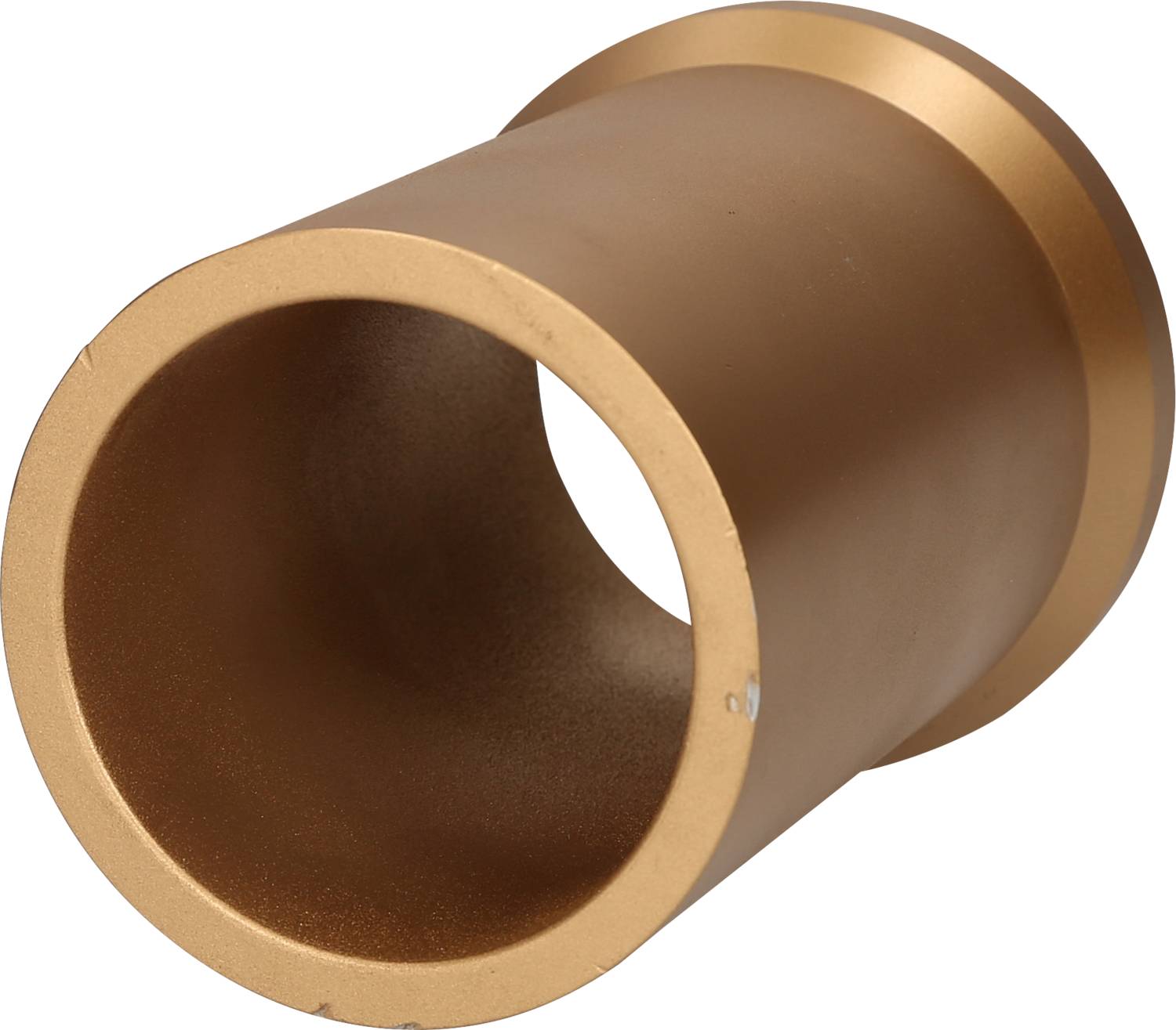 Zylinderförmiges, bronzefarbenes Metallobjekt mit hohlem Inneren, vermutlich ein Rohr oder eine Hülse.