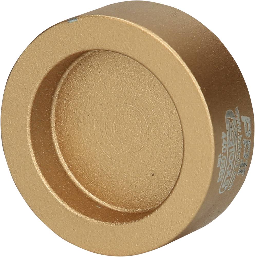 Ein goldener, runder Metallzylinder mit eingravierten Markierungen an der Seite.