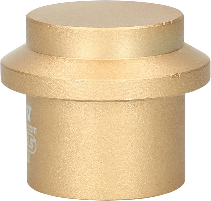 Goldene zylinderförmige Metallkappe, die wahrscheinlich als Abdeckung oder Verschluss für ein Rohr oder eine Öffnung dient.