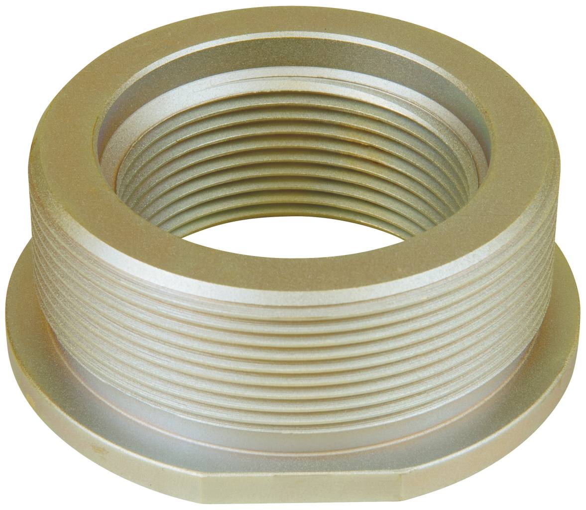 Ein silbernes, zylindrisches Metallgewinde, das für Rohrverbindungen oder mechanische Anwendungen verwendet wird.