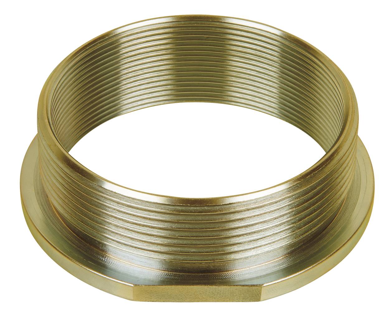 Metallischer Gewindering, goldfarben, mit konzentrischen Rillen; möglicherweise Teil eines mechanischen oder Rohrsystems.