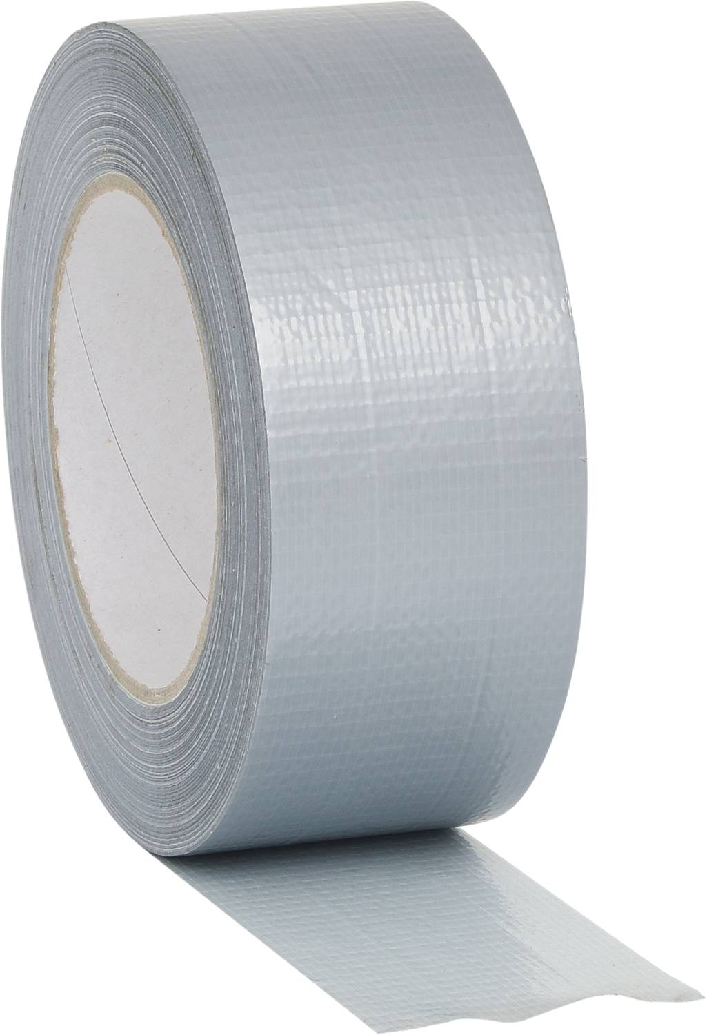 Eine Rolle silbernes Klebeband mit teilweise abgewickeltem Streifen.