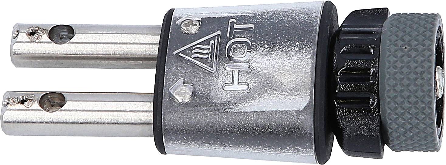Zwei-poliger Steckverbinder, mit Aufschrift 'HOT' und Warnsymbol. Silbernes Metallgehäuse, schwarze und graue Kunststoffteile.