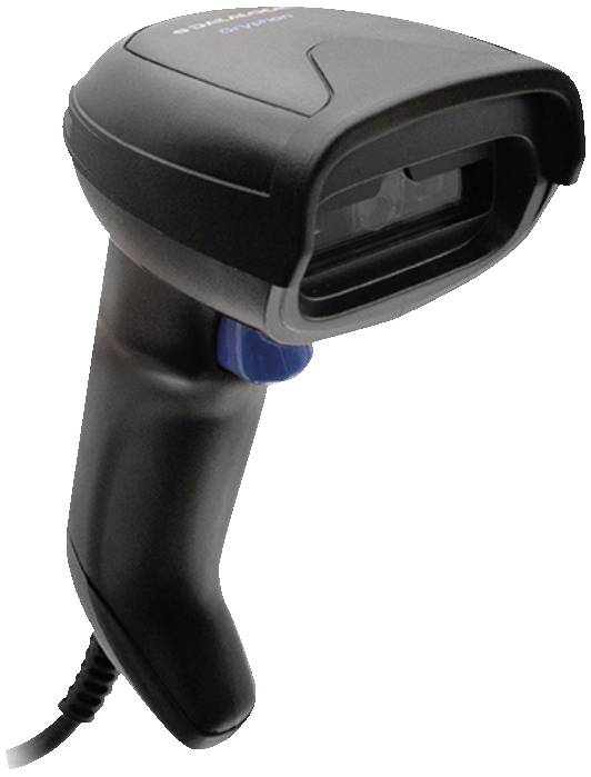 Ein schwarzer Handscanner mit Auslöserknopf, kabellos, wird seitlich gezeigt. Geeignet zum Scannen von Barcodes für Datenerfassung.