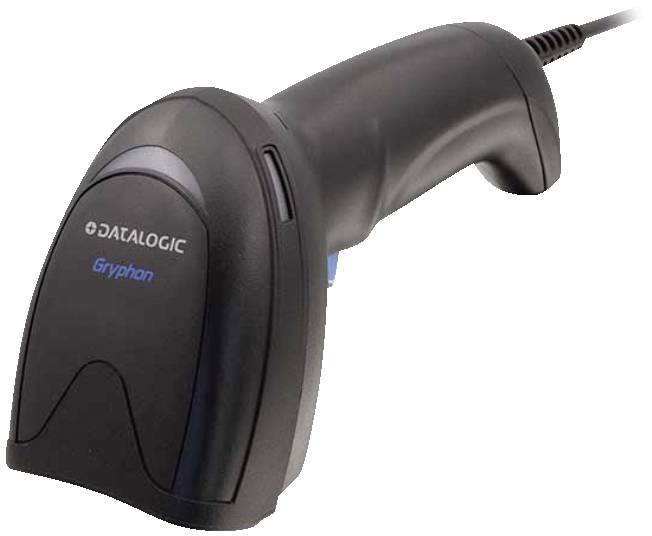 Ein schwarzer Handscanner der Marke 'Datalogic Gryphon' mit ergonomischem Griff und Kabel.
