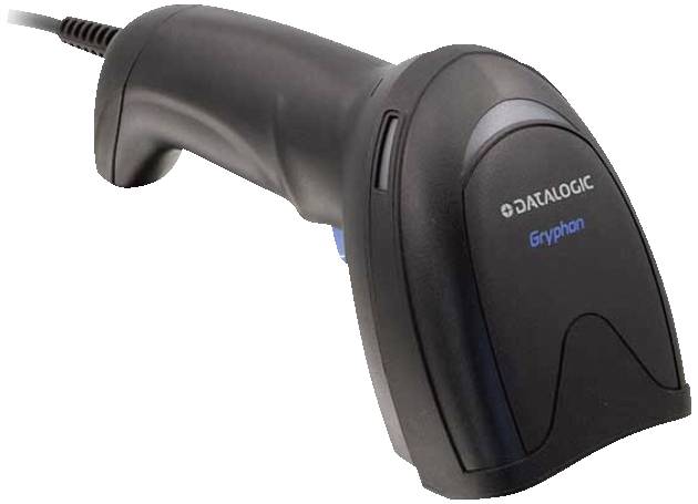 Ein schwarzer Handscanner mit der Aufschrift 'Datalogic Gryphon', verwendet zur Erfassung von Barcodes, auf weißem Hintergrund.